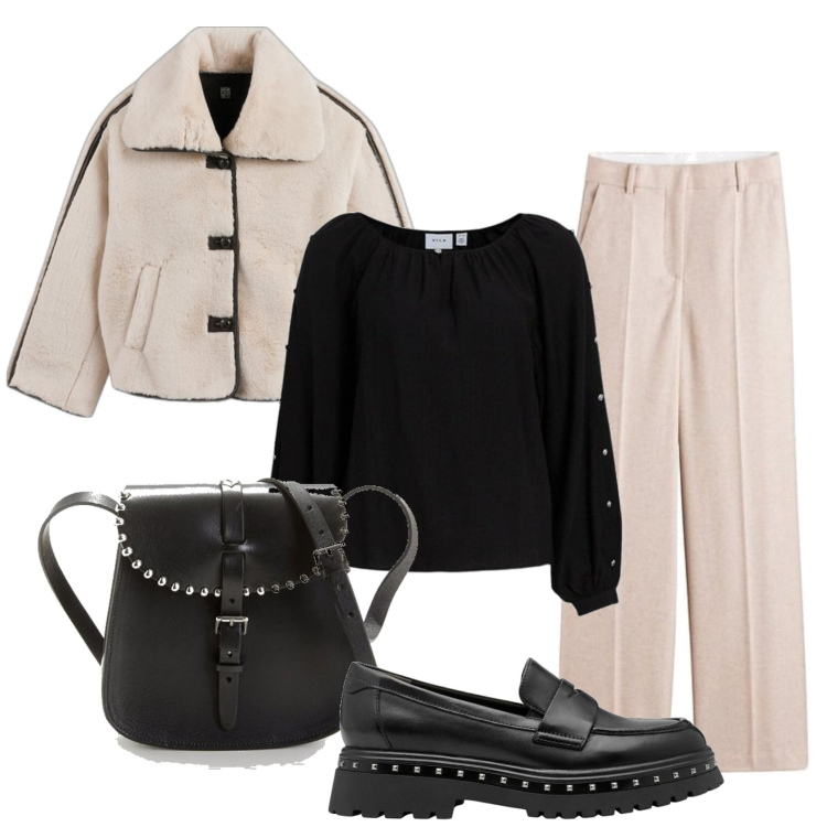 Outfit mujer - Mannish #821. Estilo Mannish para Oficina. Combinación con bandoleras, pantalones palazzo, mocasines, blusas, abrigos.