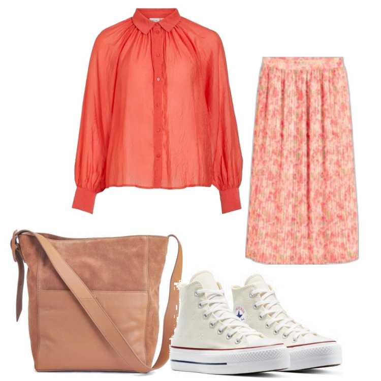 Outfit mujer - Romántica #3164. Estilo Romántica para Todos los días. Combinación con bolso tote, blusas, faldas, sneakers.