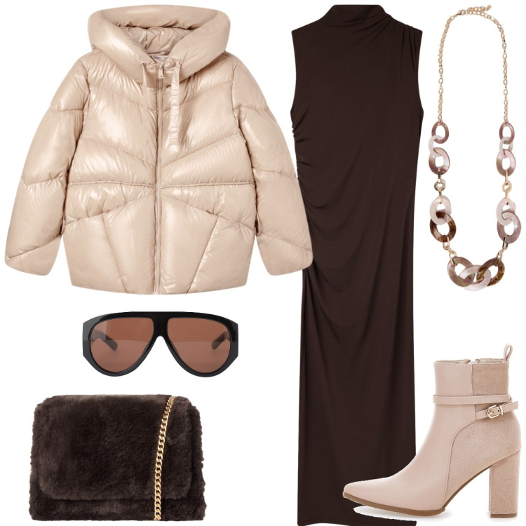 Outfit donna - Total look #2277801. Stile Casual chic per Tutti i giorni. Abbinamento con vestiti lunghi, giacche, borse a tracolla, occhiali da sole, stivaletti, collane.