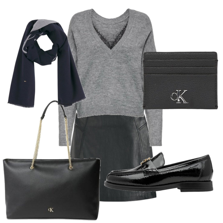 Outfit mujer - Preppy #761. Estilo Preppy para Oficina. Combinación con prendas de punto, monederos, mocasines, minifaldas, bolso tote, bufandas.