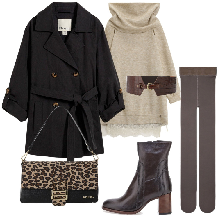 Outfit donna - Mini abito e calze coprenti. Stile Chic per Serata fuori. Abbinamento con trench, collant, borse a spalla, vestiti asimmetrici, cinture, stivaletti.
