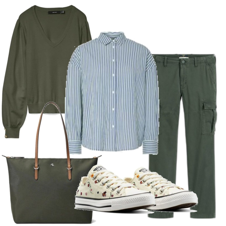 Outfit mujer - Casual #12357. Estilo Casual para Todos los días. Combinación con pantalones cargo, blusas, bolso tote, sneakers, prendas de punto.