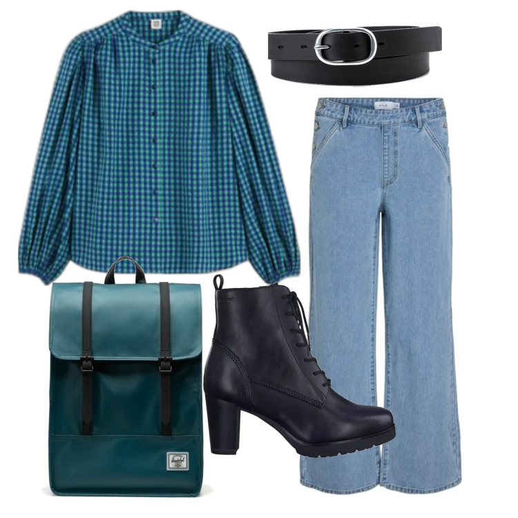 Outfit mujer - Preppy #762. Estilo Preppy para Oficina. Combinación con vaqueros rectos, camisas, cinturones, botines, mochilas.