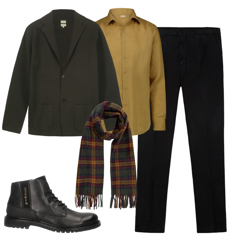 Outfit uomo - City. Stile Urban per Tutti i giorni. Abbinamento con pantaloni, camicie, giacche, sciarpe, stivali e stivaletti.