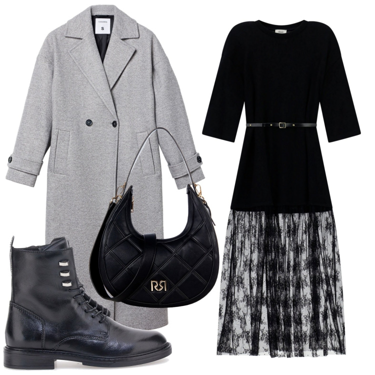 Outfit donna - Proposta originale. Stile Casual per Tutti i giorni. Abbinamento con cappotti, borse a tracolla, vestiti lunghi, anfibi.