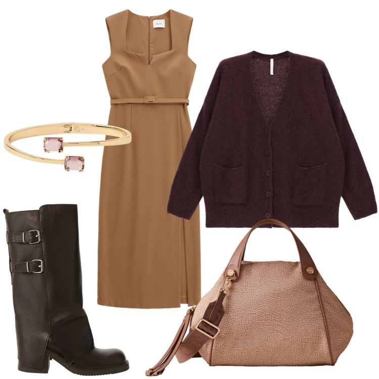 Outfit donna - La bag di stagione. Stile Glamour per Ufficio. Abbinamento con cardigans, vestiti midi/longuette, stivali, braccialetti, borse a mano.