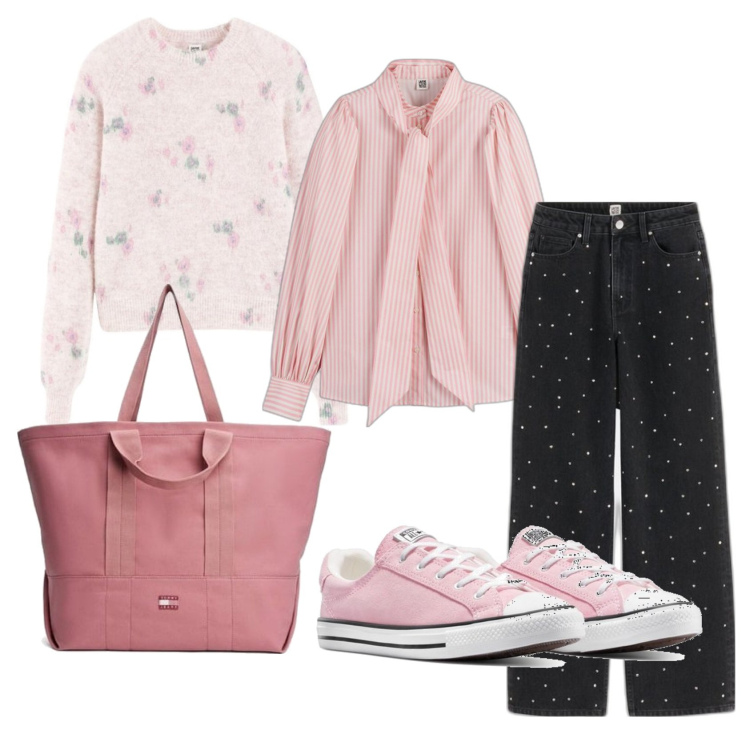 Outfit mujer - Casual #12359. Estilo Casual para Oficina. Combinación con prendas de punto, sneakers, bolso tote, vaqueros pata de elefante, camisas.