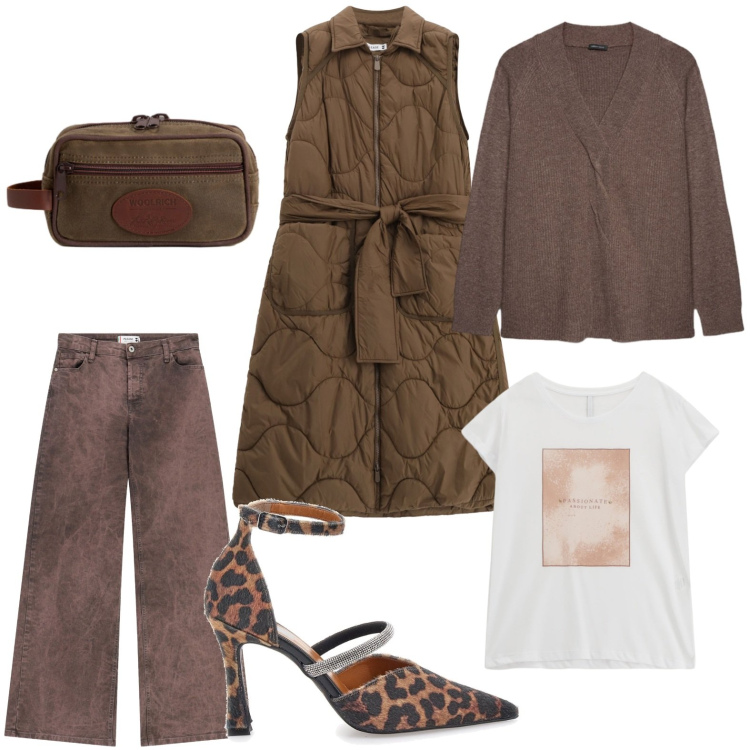 Outfit donna - Guardaroba wild. Stile Urban per Tutti i giorni. Abbinamento con blazer, pantaloni a palazzo, t-shirt, valigie, décolleté, maglieria.