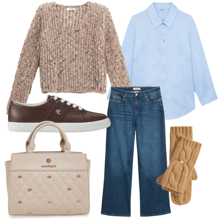 Outfit donna - Sovrapposizioni leggere. Stile Trendy per Scuola/Università. Abbinamento con jeans, maglieria, sneakers, guanti, borse a mano, camicie.