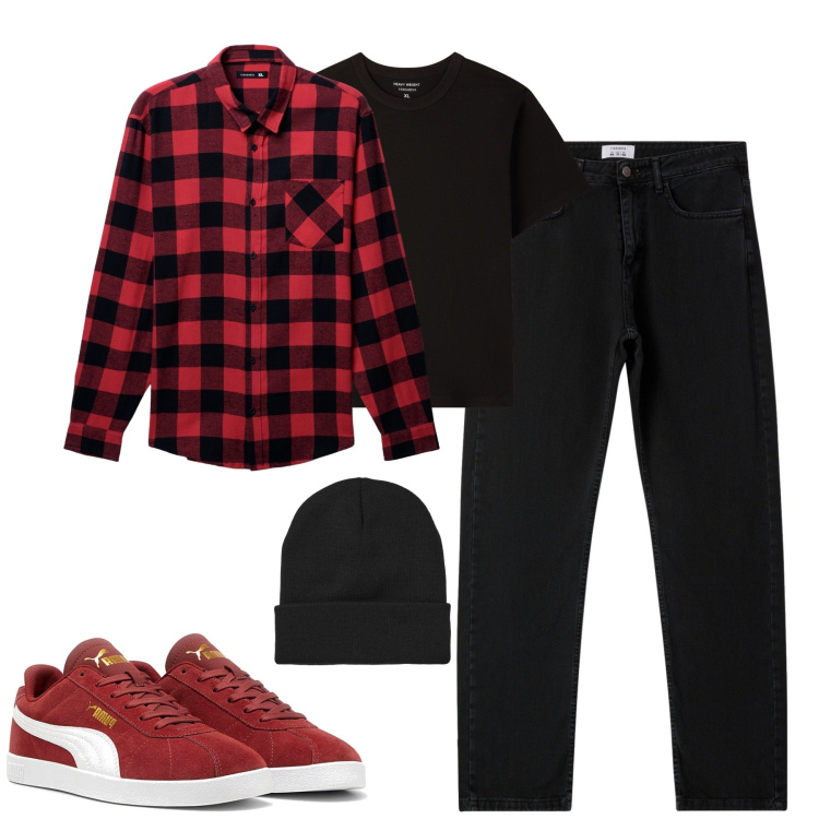 Outfit uomo - Novembre. Stile Casual per Tutti i giorni. Abbinamento con camicie, t-shirt, berretti, jeans dritti, sneakers.