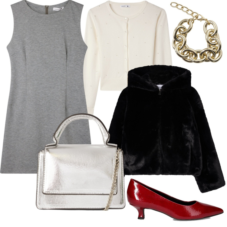 Outfit donna - La pelliccia che riscalda. Stile Chic per Ufficio. Abbinamento con borse a tracolla, vestiti senza maniche, cardigans, ecopellicce, braccialetti, décolleté.