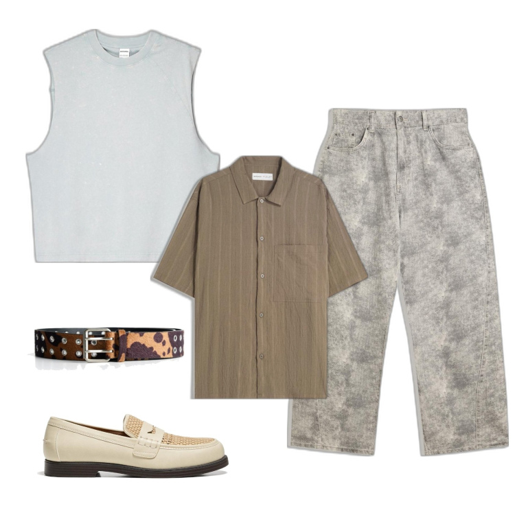 Outfit hombre - Acabando el domingo. Estilo Casual para Todos los días. Combinación con zapatos con cordones, camisetas sin mangas, pantalones, camisas de manga corta, cinturones.