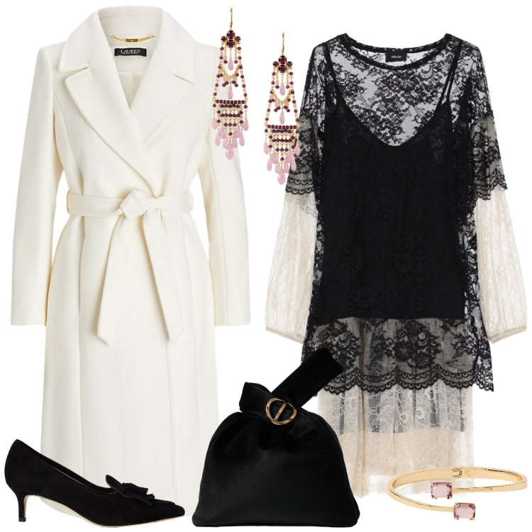 Outfit donna - Serata elegante. Stile Vintage retrò per Serata fuori. Abbinamento con vestiti midi/longuette, orecchini, cappotti, braccialetti, décolleté, borse a mano.