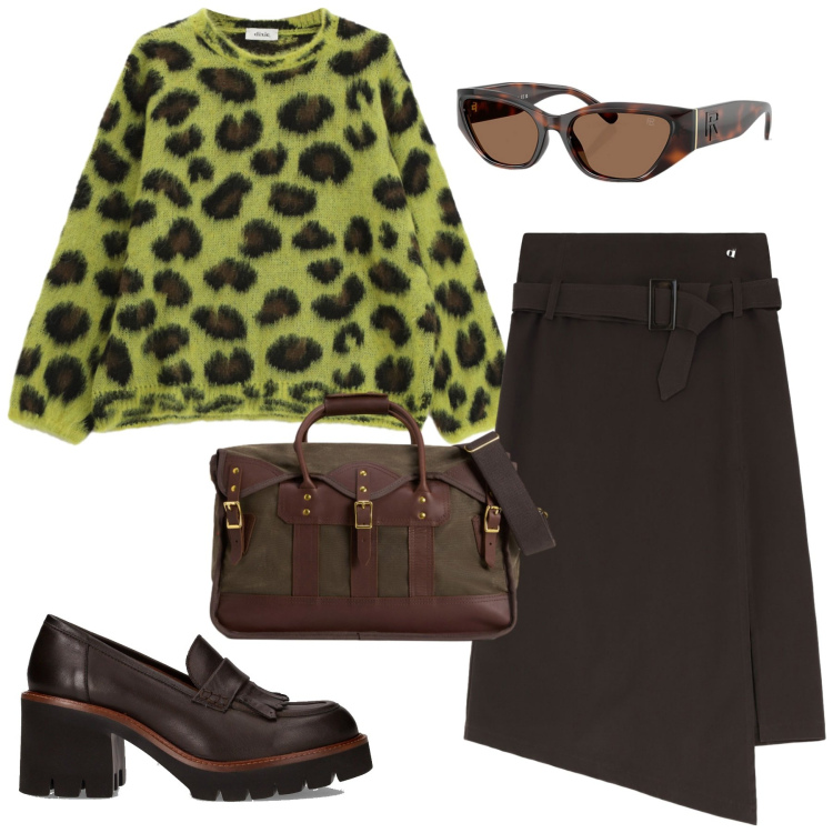 Outfit donna - Total look #2277836. Stile Glamour per Ufficio. Abbinamento con gonne longuette, maglieria, borse a tracolla, occhiali da sole, décolleté.