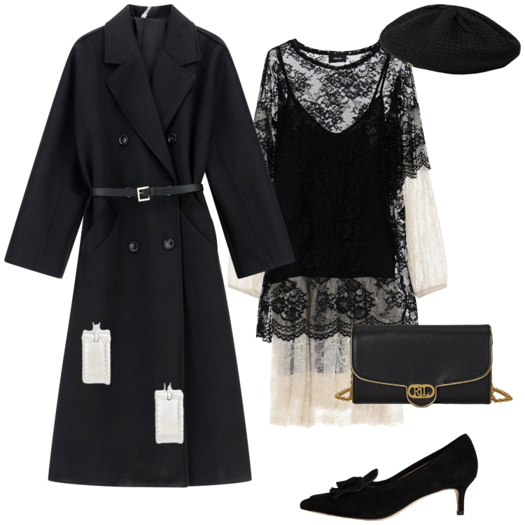 Outfit donna - Total look #2277837. Stile Vintage retrò per Cerimonia. Abbinamento con cappotti, vestiti midi/longuette, orecchini, borse a tracolla, berretti, décolleté.