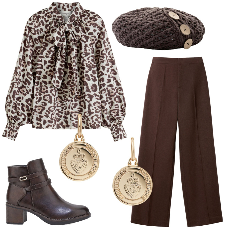 Outfit donna - Total look #2277842. Stile Glamour per Serata fuori. Abbinamento con berretti, camicie, pantaloni, orecchini, stivaletti.