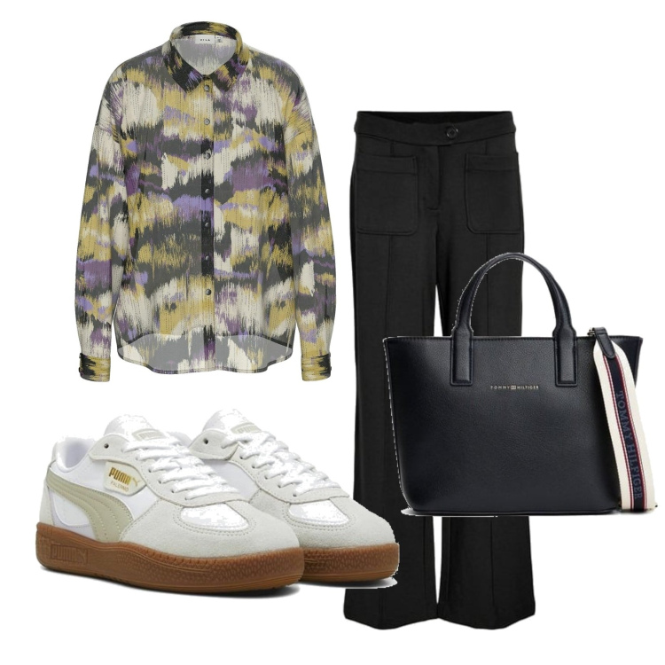 Outfit mujer - Casual #12361. Estilo Casual para Todos los días. Combinación con sneakers, bolso tote, pantalones, blusas.