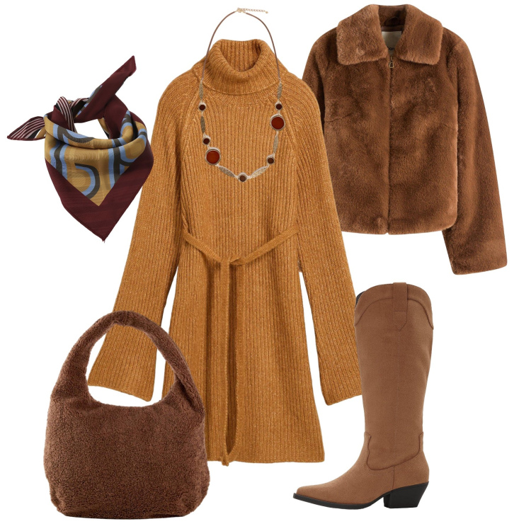 Outfit donna - Caramello quotidiano. Stile Trendy per Tutti i giorni. Abbinamento con ecopellicce, vestiti corti, stivali, shopping bag, foulard, collane.