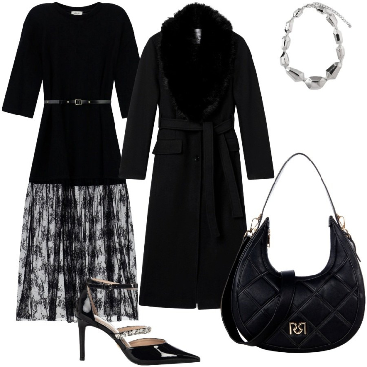 Outfit donna - Winter black party. Stile Glamour per Serata fuori. Abbinamento con décolleté, borse a tracolla, cappotti, vestiti lunghi, ciondoli.