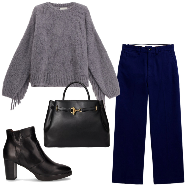 Outfit donna - Comfy autunnale. Stile Minimal per Ufficio. Abbinamento con maglieria, pantaloni chino, borse a mano, stivaletti.
