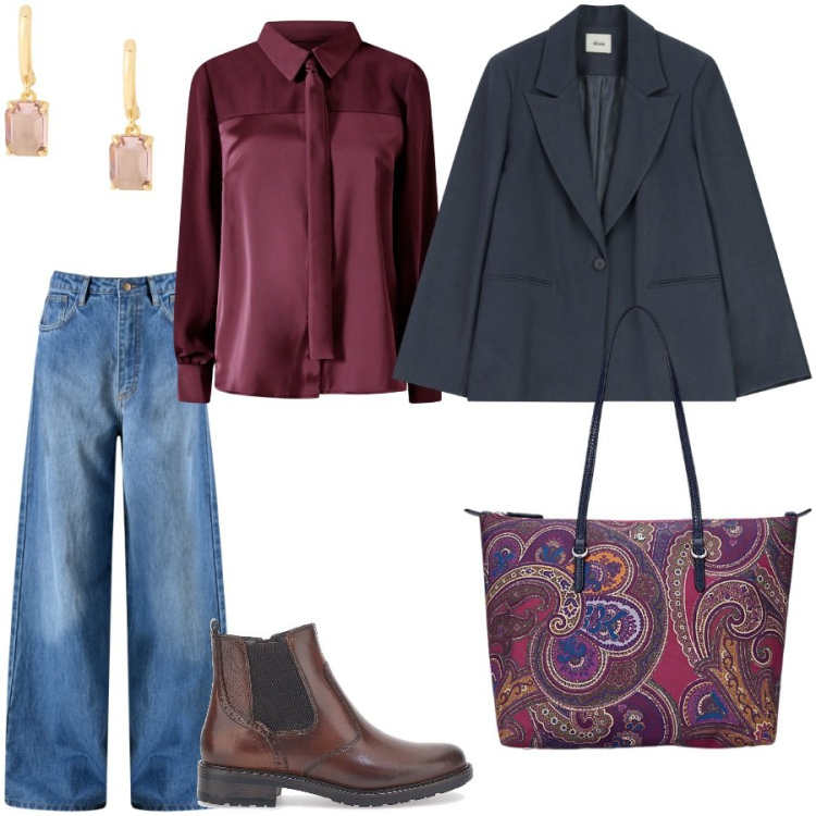 Outfit donna - My mannish. Stile Mannish per Ufficio. Abbinamento con jeans, camicie, blazer, borse tote, orecchini, stivaletti chelsea.