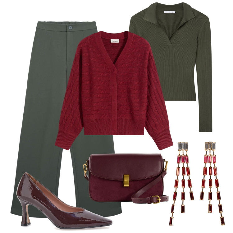 Outfit donna - Comodamente elegante. Stile Glamour per Tutti i giorni. Abbinamento con orecchini, cardigans, borse a mano, pantaloni, maglieria, décolleté.