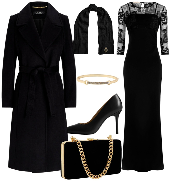 Outfit donna - Elegante. Stile Minimal per Cerimonia. Abbinamento con vestiti lunghi, clutch, cappotti, braccialetti, décolleté, sciarpe.