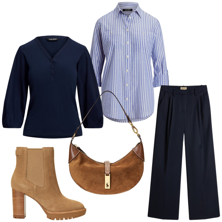 Outfit donna - Total look #2277871. Stile Urban per Tutti i giorni. Abbinamento con pantaloni, borse a spalla, camicie, stivaletti chelsea, maglieria.