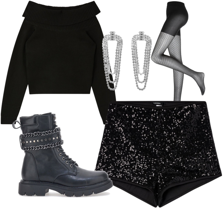 Outfit donna - Nero e brillante. Stile Casual chic Abbinamento con collant, maglieria, orecchini, shorts, anfibi.