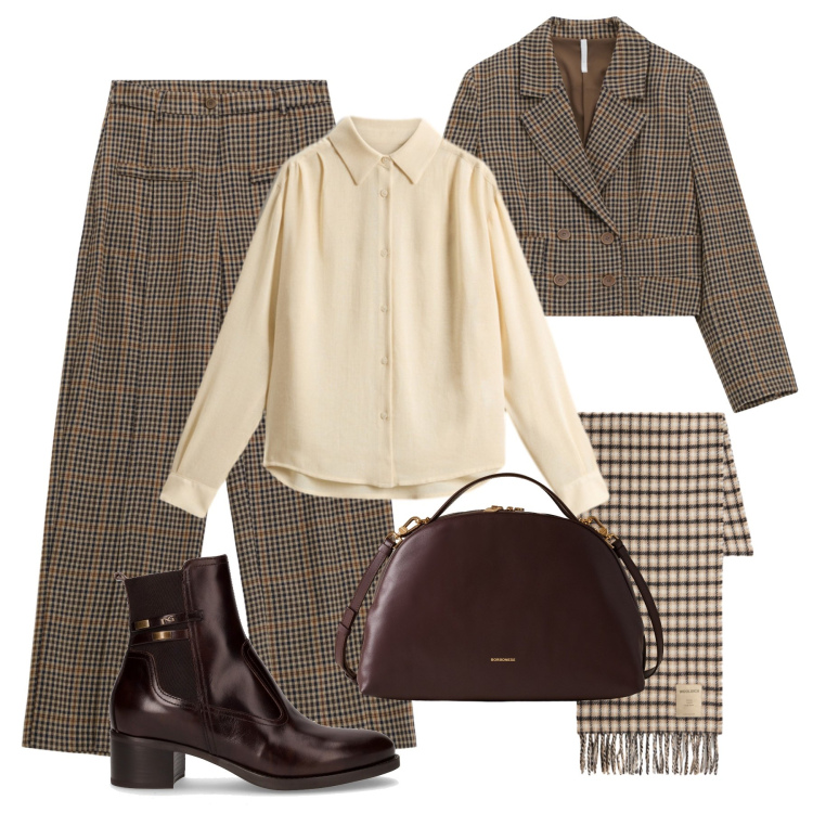 Outfit donna - Tagli sartoriali in micro check. Stile Glamour per Ufficio. Abbinamento con sciarpe, camicie, pantaloni a palazzo, blazer, borse a mano, stivaletti.