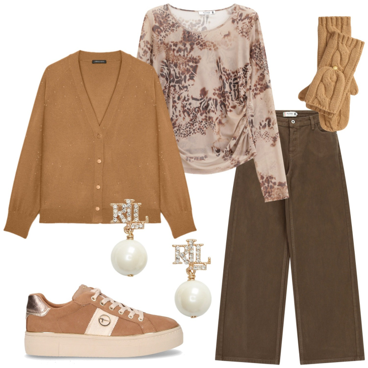 Outfit donna - Look color caramello. Stile Minimal per Tutti i giorni. Abbinamento con maglieria, pantaloni a palazzo, orecchini, guanti, sneakers, cardigans.