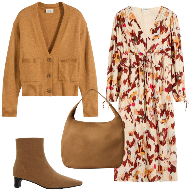 Outfit donna - Look color caramello. Stile Romantica per Tutti i giorni. Abbinamento con vestiti midi/longuette, cardigans, stivaletti, borse a mano.