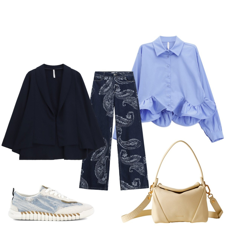 Outfit donna - L’originale camicetta. Stile Casual chic per Tutti i giorni. Abbinamento con jeans, camicie, blazer, borse a spalla, sneakers.