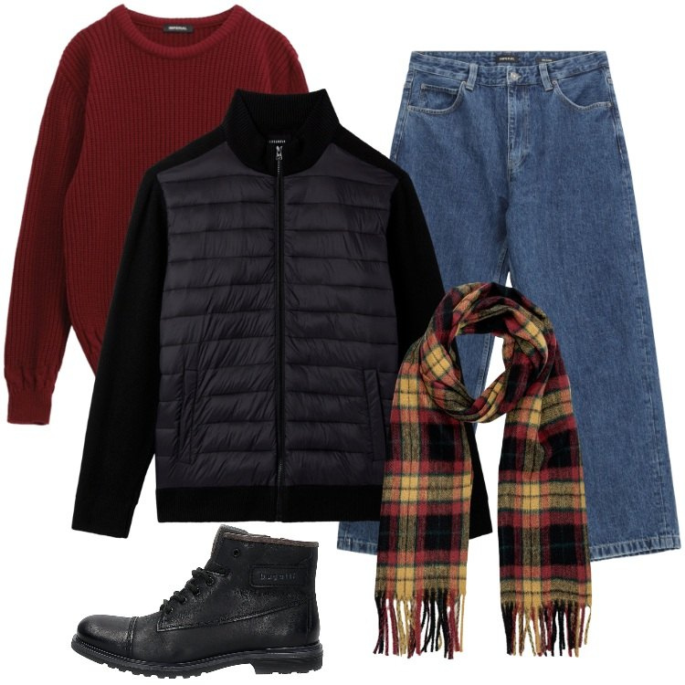 Outfit uomo - Total look #2277899. Stile Casual per Tutti i giorni. Abbinamento con piumini, maglieria, jeans, sciarpe, anfibi.