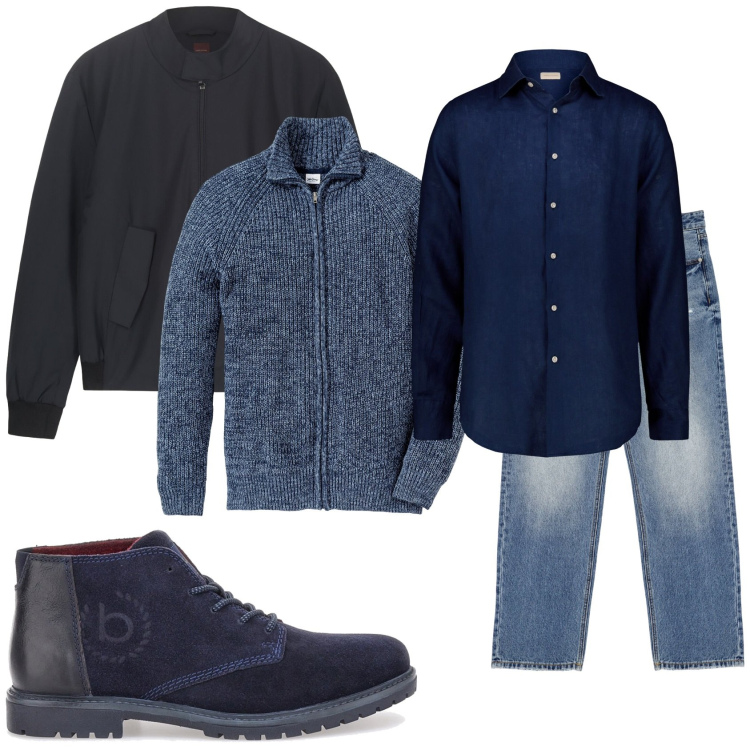 Outfit uomo - Total blue. Stile Urban per Tutti i giorni. Abbinamento con cardigans, jeans, scarpe stringate, camicie, bomber.