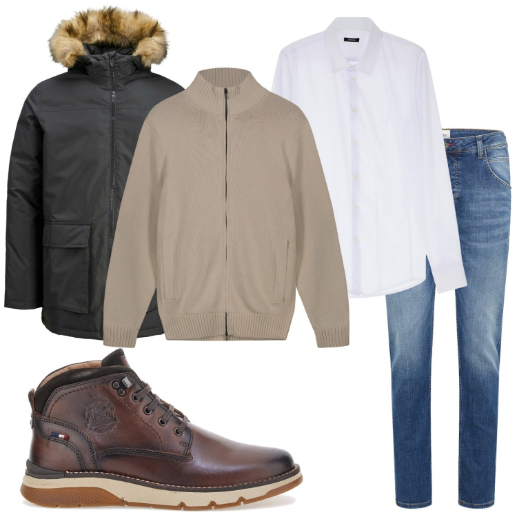 Outfit uomo - Tempo che fa. Stile Urban per Tutti i giorni. Abbinamento con jeans dritti, parka, camicie, scarpe stringate, cardigans.