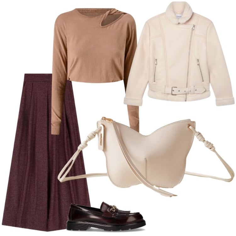 Outfit donna - Chiodo con pelliccia. Stile Casual chic per Ufficio. Abbinamento con bomber, maglieria, pantaloni a palazzo, borse a tracolla, mocassini.