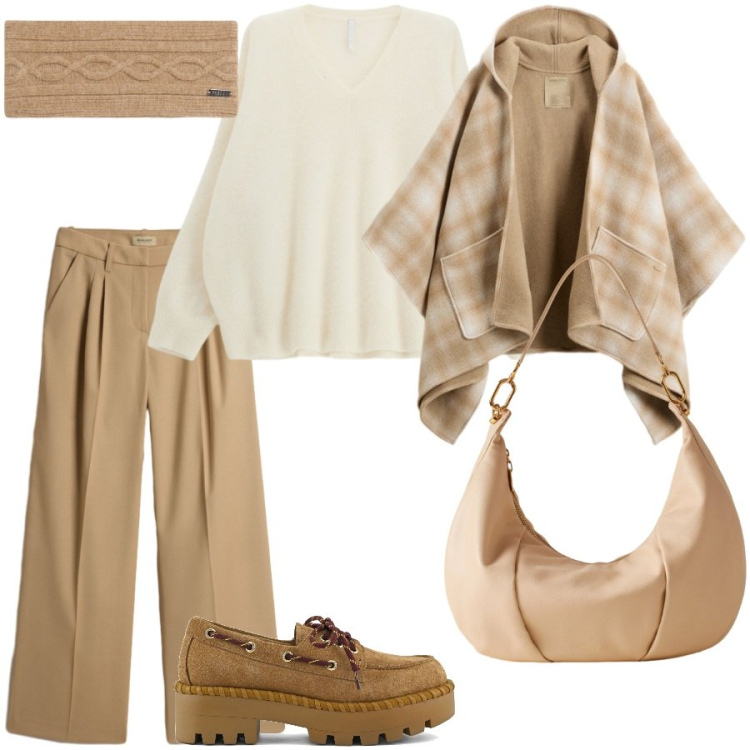 Outfit donna - I colori neutri. Stile Casual chic per Ufficio. Abbinamento con accessori per capelli, maglieria, pantaloni, cappe, borse a spalla, mocassini.