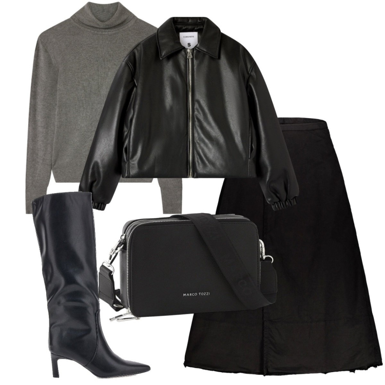 Outfit donna - Total look #2277987. Stile Urban per Tutti i giorni. Abbinamento con borse a tracolla, bomber, maglieria, gonne lunghe, stivali.