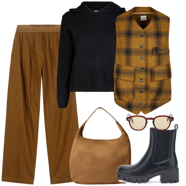 Outfit donna - Senape e nero. Stile Casual per Tutti i giorni. Abbinamento con borse a mano, occhiali da sole, pantaloni, maglieria, stivaletti chelsea, gilet.