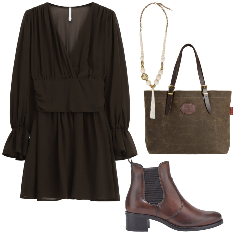 Outfit donna - Total look #2277994. Stile Trendy per Tutti i giorni. Abbinamento con vestiti corti, borse tote, stivaletti chelsea, ciondoli.