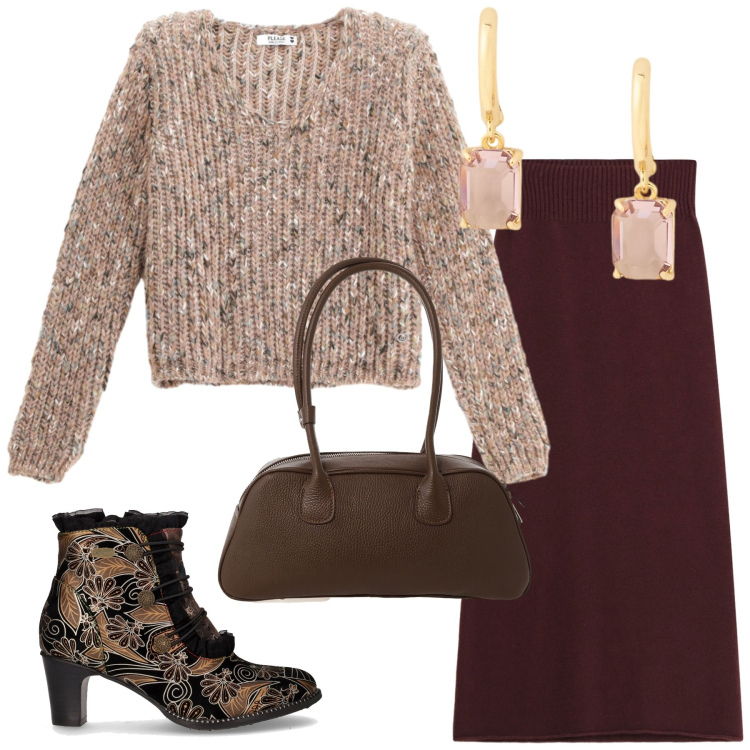 Outfit donna - Comfy autunnale. Stile Trendy per Ufficio. Abbinamento con maglieria, gonne lunghe, borse a mano, orecchini, stivaletti.