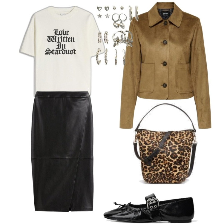 Outfit mujer - Domingo Chic. Estilo Trendy para Todos los días. Combinación con faldas largas, bolsos saco, pendientes, bailarinas, blazers, camiseta.