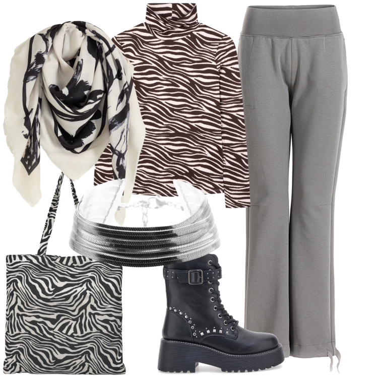 Outfit donna - Onda su onda. Stile Casual chic per Tutti i giorni. Abbinamento con foulard, borse tote, t-shirt, braccialetti, stivaletti, pantaloni.