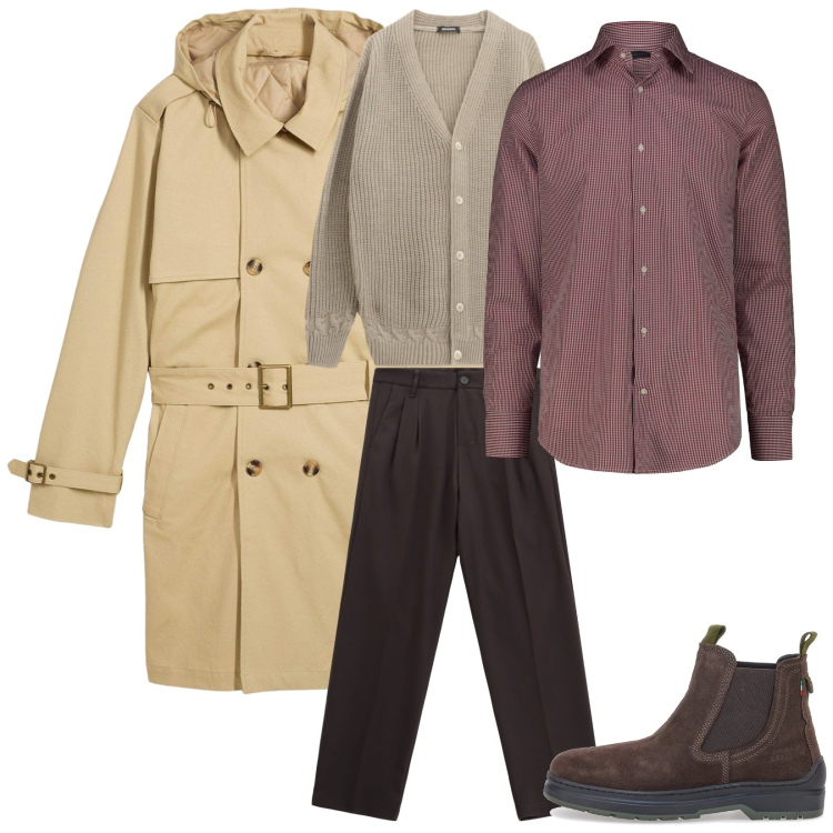 Outfit uomo - Total look #2277998. Stile Business/Elegante per Ufficio. Abbinamento con trench, pantaloni, cardigans, stivali e stivaletti, camicie.