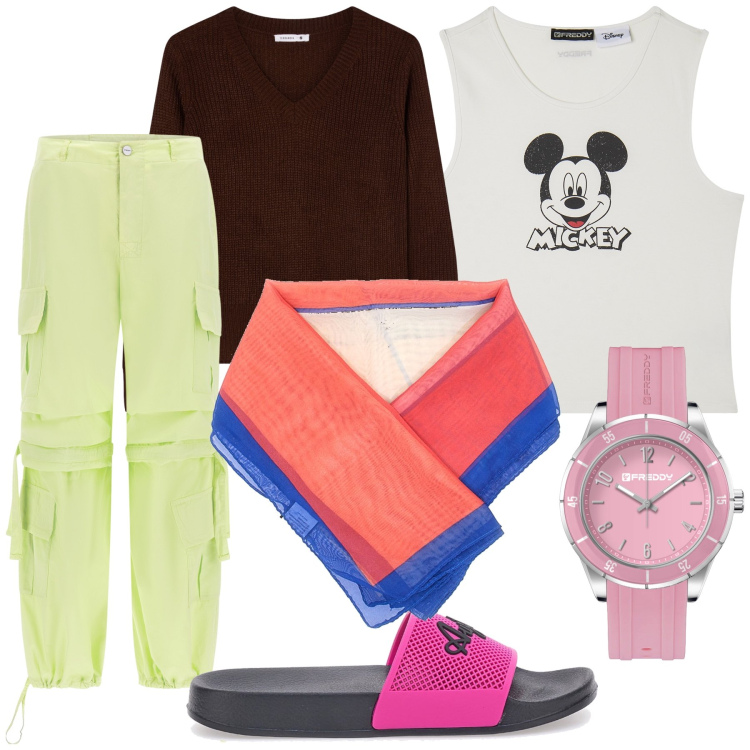 Outfit donna - Colorato Topolino casalingo. Stile Trendy per Tutti i giorni. Abbinamento con maglieria, pantaloni cargo, orologi, canottiere, foulard, ciabatte.