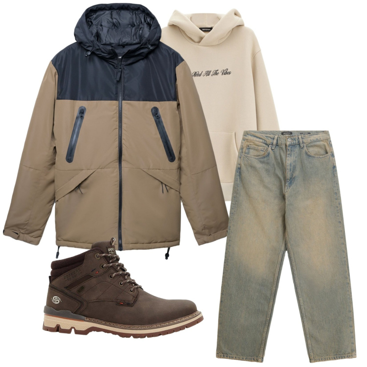 Outfit uomo - Total look #2278009. Stile Urban per Tutti i giorni. Abbinamento con stivali e stivaletti, bomber, felpe con cappuccio, jeans.