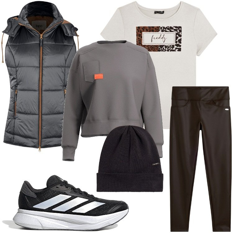 Outfit donna - Camminata a passo veloce. Stile Casual per Sport. Abbinamento con gilet, leggings, berretti, t-shirt, felpe, scarpe sportive.