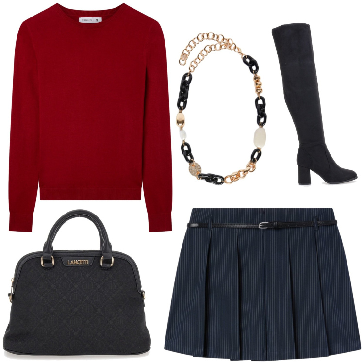 Outfit donna - Dettagli in rosso. Stile Glamour per Tutti i giorni. Abbinamento con maglieria, minigonne, borse a spalla, stivali, collane.