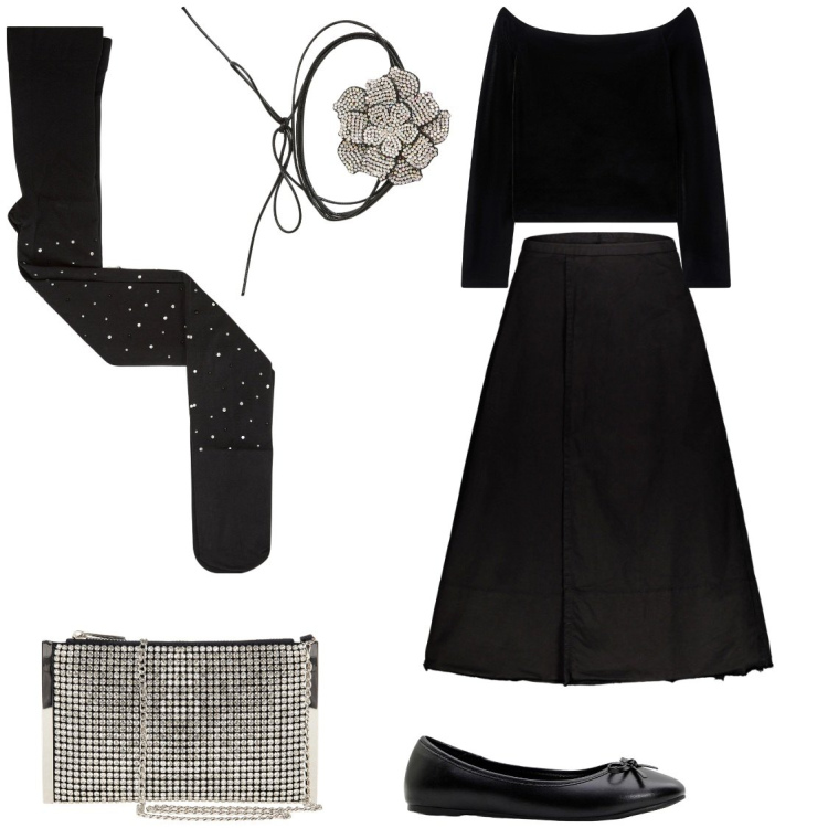 Outfit donna - I collant neri con strass. Stile Romantica per Serata fuori. Abbinamento con ballerine, collane, collant, bluse, pochette, gonne lunghe.
